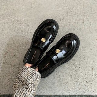 大尺碼女鞋（34-43） 小金幣扣厚底懶人樂福鞋女單鞋小皮鞋 舒適防滑MAY20