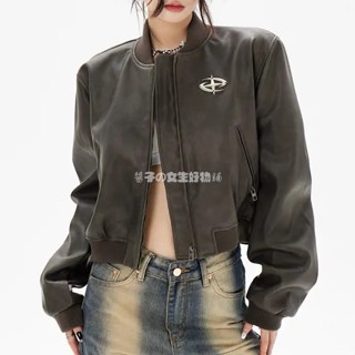 外套│ 辣妹攻勢🫧美式復古棕色機車小皮衣女 美拉德pu夾克棒球外套女 春秋冬小立領拉鏈皮外套 VIBI寬鬆顯瘦短板外套