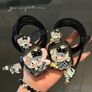 Iphone 18W/20W 時尚充電器保護套黑色蝴蝶結 Hello Kitty 花束蝴蝶波邊充電保護套數據線螺旋纏繞線