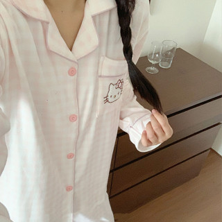 【有幸時光】可愛甜美HelloKitty格子德絨睡衣女 春秋冬季加絨加厚保暖居家服套裝