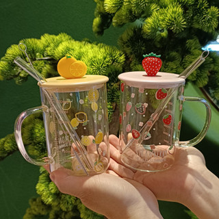 牛奶飲料杯泡茶杯玻璃馬克杯玻璃水杯[S427]耐高溫流行玻璃杯夏天果汁家用奶茶杯帶蓋帶吸管少女可愛水果杯