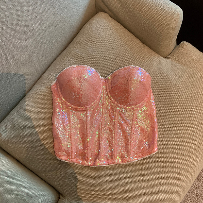 【HOT 本舖】  亮片重工魚骨胸衣背心女外穿辣妹裹胸抹肩帶上衣