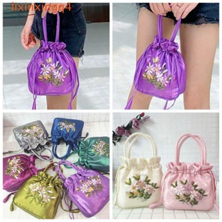 LIXINXINGQ漢服抽繩袋,民族風格緞面絲綢刺繡花朵手提包,媽咪包化妝品化妝包葉子小錢包錢包