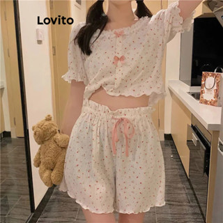 Lovito 女士休閒睡衣套裝 素色蝴蝶結睡衣套裝 LNE57540