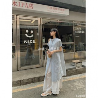 🧃高階感穿搭 日系復古文藝風套裝女夏季2024新款條紋襯衫連身裙闊腿長褲兩件套 法式風疊穿洋裝 疊穿連身裙 外搭洋裝