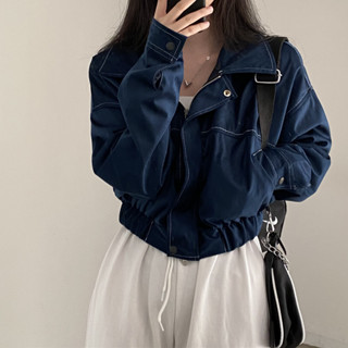 韓國chic 春季複古翻領明綫抽繩外套女寬鬆減齡短款開衫