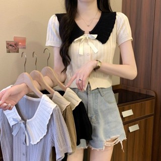JH 現貨 法式撞色蝴蝶結娃娃領短袖針織衫女夏季甜美減齡洋氣短款顯瘦上衣