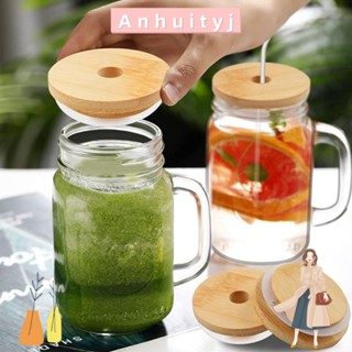 ANHUITYJ啤酒瓶罐頭蓋,梅森罐蓋帶玻璃孔的吸管蓋竹木蓋,70/86毫米竹帽可重複使用杯蓋