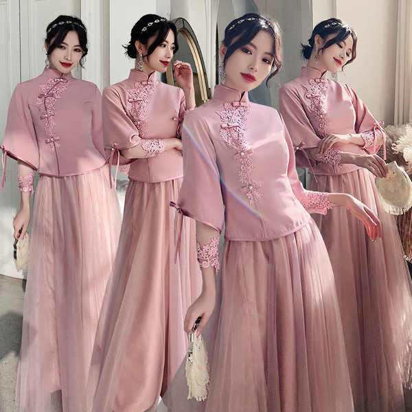 婚宴穿搭 婚禮穿搭 喜宴洋裝 伴娘服新款中式婚禮姐妹團閨蜜顯瘦緊身套裝長款禮服女仙氣姐妹