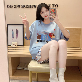 臺灣出貨 2025年新款睡衣女夏季短袖短褲薄款卡通夏款女士家居服套裝可外穿 短袖卡通家居服 睡衣套裝 可愛睡衣SY