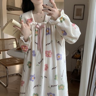 現貨 冬天珊瑚絨睡裙 連身睡衣 女冬季甜美加厚法蘭絨長款睡袍宮廷公主睡衣孕婦家居服 OJBB