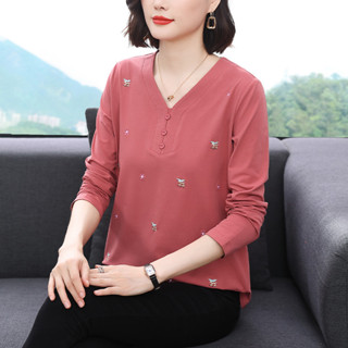 純色長袖女上衣大碼女裝2024年秋季新款洋氣V領刺繡休閒寬鬆套頭