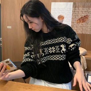 ！chic韓國秋冬撞色複古麻花圓領套頭長袖毛衣洋氣百搭上衣女