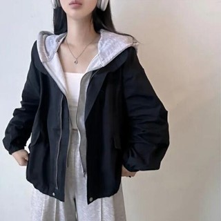 衣時尚 外套 大衣外套 上衣 風衣外套 M-2XL新款設計感假兩件連帽拉鍊燈籠袖寬鬆風衣3F037-H6018.