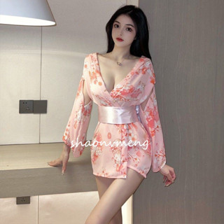 性感誘惑情趣蝴蝶結V領櫻花和服式小外套顯胸套裝性感睡衣性感睡袍性感cosplay睡衣Cosplay睡衣性感角色扮演一件式