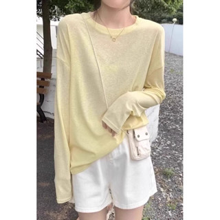 Sunscreen cover shirt 黃色冰絲針織罩衫女外搭薄款設計感小眾寬鬆防曬T恤空調上衣 cheng71