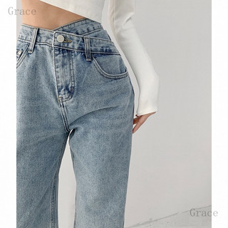 臺灣齣貨Grace歐美風復古設計感交叉腰頭高腰牛仔褲 顯瘦直筒長褲拖地褲 錯腰落地褲休閒褲 丹寧褲 寬鬆休閒褲 闊腿褲寬