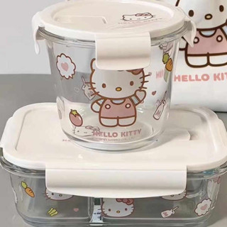 便當盒 便攜微波飯盒 tempat nasi hellokitty飯盒上班族微波爐加熱玻璃碗密封保鮮分隔帶蓋便當盒