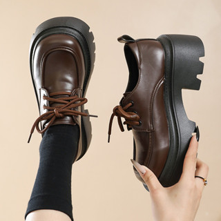 👞免運特賣👞秋季復古厚底圓頭增高學院風 小皮鞋 女鞋 英倫新款棕色系帶 樂福鞋 厚底樂福鞋 樂福鞋女 福樂鞋 勃肯鞋
