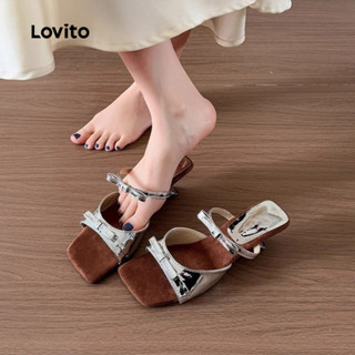 Lovito 優雅素色法式復古坡跟一字搭配蝴蝶結高跟涼鞋女高跟鞋 LFA80009