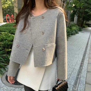 韓國東大門複古氣質簡約圓領雙排扣小個子毛呢短外套女