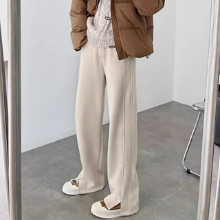 人字紋休閒運動褲 加厚加絨 香蕉褲 闊腿褲女 秋冬新款 毛呢開叉褲子 顯瘦垂感 寬鬆復古高級感 直筒高腰