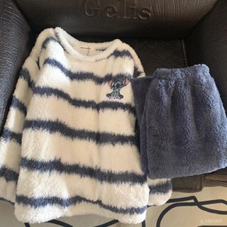專櫃品質💯韓國史迪奇情侶睡衣女秋冬季加絨加厚珊瑚絨男卡通保暖套頭家居服 WWUX