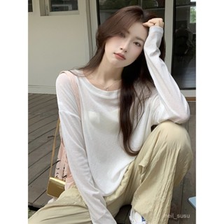 P3-[限時特賣]T恤 短袖T恤 短袖上衣 女生上衣5836#辣妹白色圓領寬鬆長袖T恤女設計感防曬罩衫純慾薄款氣質上衣