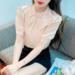 [店鋪熱銷]法式立領短袖雪紡襯衫女夏裝2025年夏季新款緞麵襯衣寬鬆百搭上衣