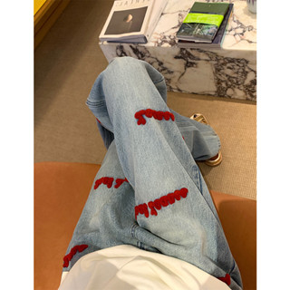 美式復古高腰刺繡牛仔褲 女寬松顯瘦直筒闊腿長褲 復古高腰直筒牛仔褲 時尚潮流 百搭顯瘦牛仔褲 直筒長褲 長腿褲 落地褲