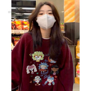 ⭐【饞樂園】紅色上衣 加絨加厚 大學t 女 長袖大學t 寬鬆大學 女生衛衣 秋冬款 大學t 長袖上衣 衛衣 帽t 大學