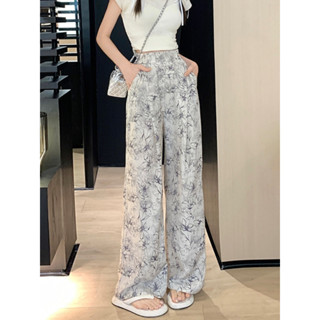 《現貨下單》【熱賣爆品】高腰水墨碎花冰絲寬褲子女夏季新款垂墜感顯瘦直筒褲裙寬鬆長褲薄寬褲/運動褲女/休閒褲女