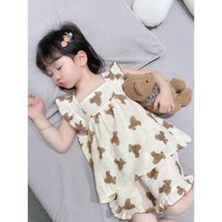 D0513公主風印花吊帶睡衣 女童夏季新款可愛短款家居服 中國風套裝可外穿睡衣 女童睡衣新款薄款兒童睡衣