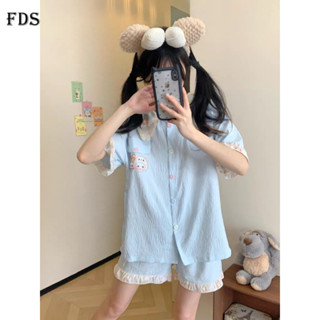FDS 雲朵棉輕鬆熊夏季睡衣女短袖短褲甜美翻領開衫家居服套裝