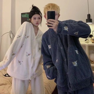 【有幸時光】大碼睡衣 情侶睡衣女 春秋冬季睡衣 半邊珊瑚絨睡衣 韓系ins小法鬥睡衣 加厚睡衣套裝 家居服 毛絨睡衣