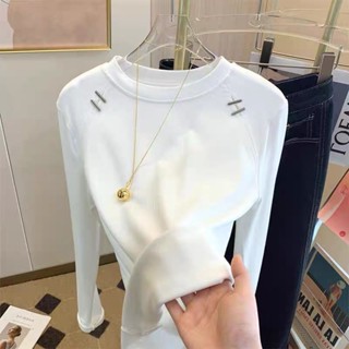 衣時尚 S-2XL 大碼女裝 長袖T卹 發熱衣 保暖 新款小眾設計感鏤空保暖長袖打底衫簡約修身內搭T卹-2262.