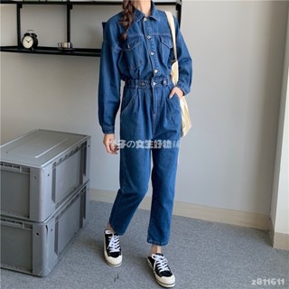 連身褲│ 港風BF🫧工裝牛仔連身褲女 春秋季小個子搭配顯高腰連身直筒長褲褲 翻領排扣高腰連身直筒九分褲 寬鬆顯瘦連身褲
