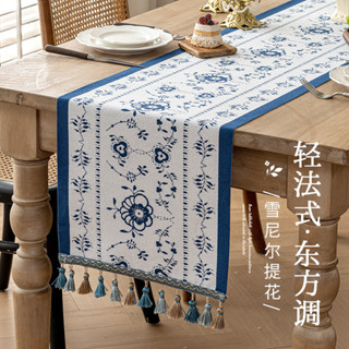 新款美式桌旗 雪尼爾提花長條桌布桌旗布 客廳書房茶几旗 復古風桌旗巾 流蘇茶旗墊 北歐桌旗檯布 長桌巾 現貨