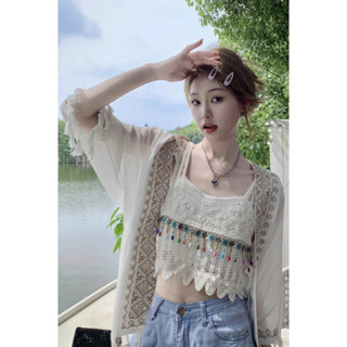 現貨速發#韓版上有 女生著裝流蘇防曬襯衫女夏薄款披肩外搭休閒小外套空調衫罩衫上衣長袖上衣