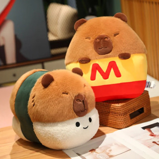 壽司棕色水豚 M 炸薯條卡哇伊動物枕頭食物毛絨午睡靠背支撐墊睡眠頭部支撐毛絨禮物