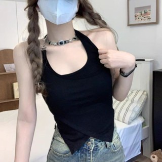 胖胖美依 上衣 胸罩 內搭 背心 吊帶 新款設計感假兩件掛脖不規則甜酷辣妹風無鋼圈聚攏胸墊收腰露臍上衣-6753.