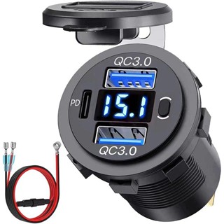 新款三口車充遊艇房車戶外防水雙USB+PD3.0快充數顯電壓表小開關