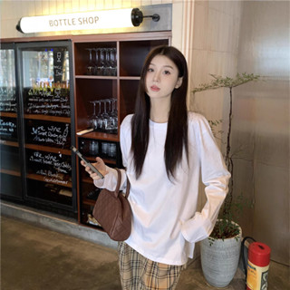 【K-Chic】簡約百搭白色套頭內搭長袖T恤女秋季休閒寬鬆修身顯瘦打底衫上衣