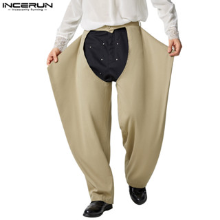 Incerun 男士復古解構純色寬鬆設計長褲
