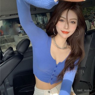 P3-【限時特賣】 長袖上衣 長袖T恤 辣妹上衣 女生上衣 歐美性感辣T恤女裝春秋季短款露臍修身長袖內搭針織上衣ins打