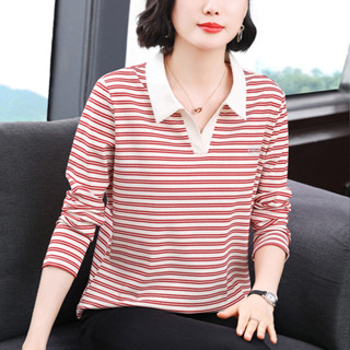 媽媽裝2024秋季新款長袖女T恤高階感條紋翻領小眾設計寬鬆上衣