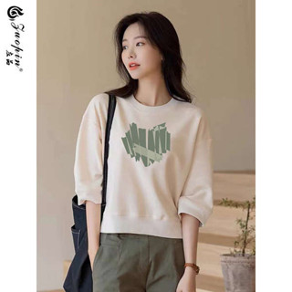 kuose 春季女裝 春夏女裝 春夏季新款寬鬆愛心印花純棉寬鬆五分袖短版五分袖t恤女上衣七分袖