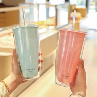新款簡約大容量韓式雙層塑膠盃傢用辦公吸管盃夏季飲品咖啡盃水盃