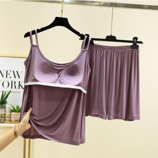 愛依依 家居服套裝 莫代爾吊帶 短褲 M-2XL夏季薄款外穿休閒兩件套大碼帶胸墊睡衣-4271.