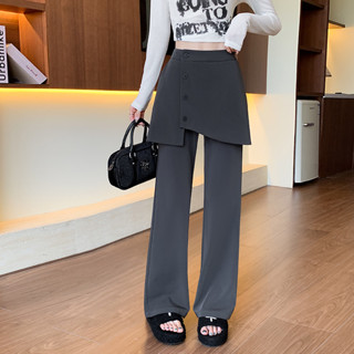 實拍假兩件灰色西裝直筒腿褲裙女秋季設計感時尚學院風拖地褲